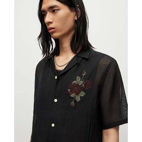 Allsaints Australia Mens Wildrose Embroidered Sheer Shirt Black AU41-938